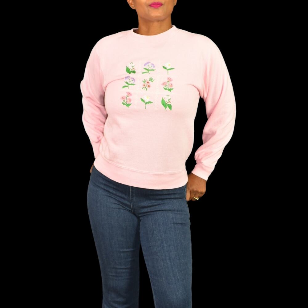 Vintage PBJ Embroidered Sweatshirt Pink Flowers Floral Garden 80s Pastel Small